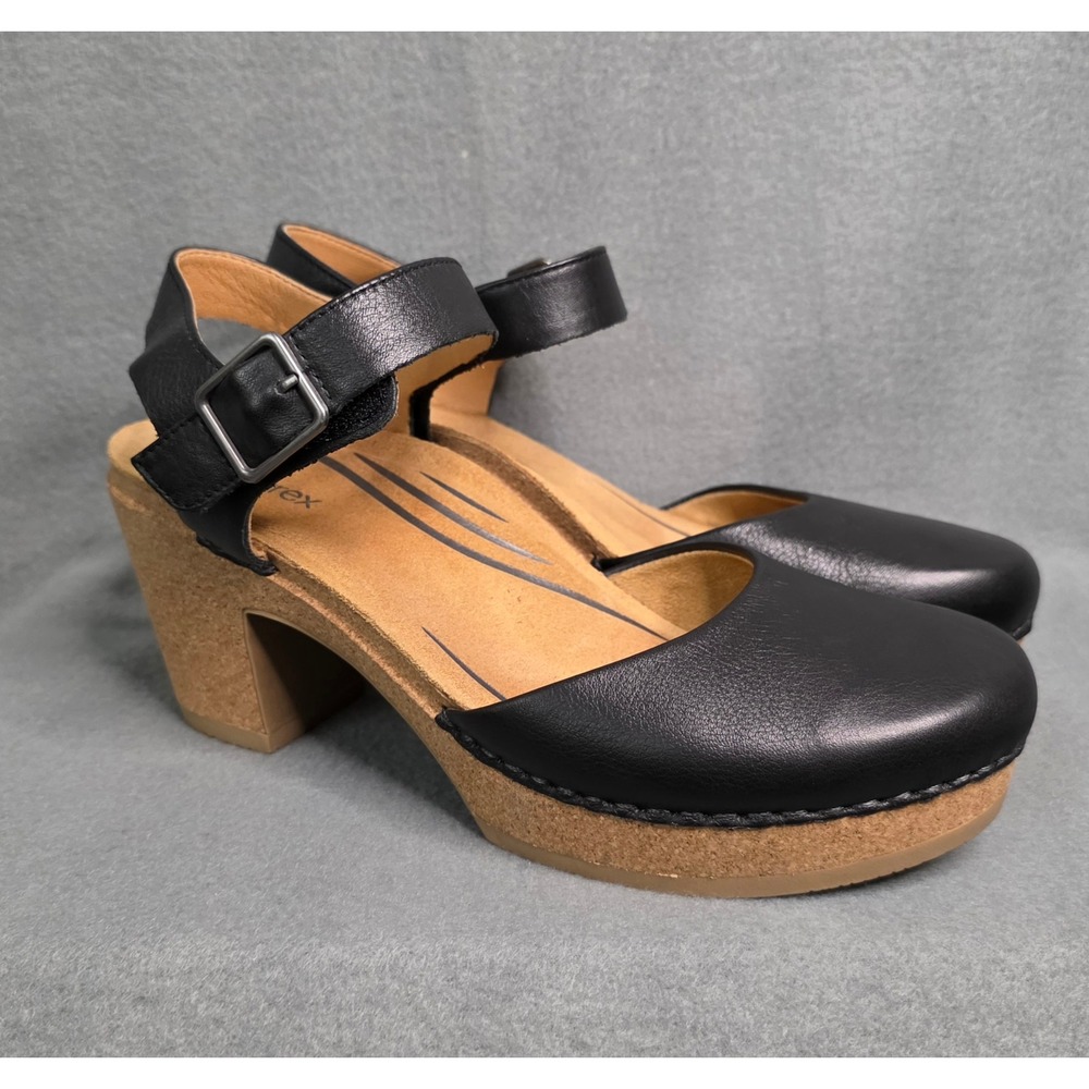 Aetrex Black Leather Ankle Strap Block Heel Clog Sandals Womens Size 6 Comfort